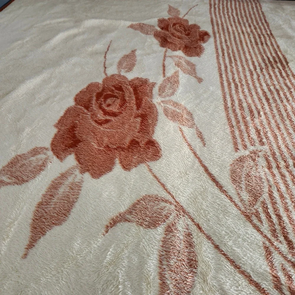 San Marcos Blanket Queen Burnt Orange Floral Rose Reversible Vintage 98x72